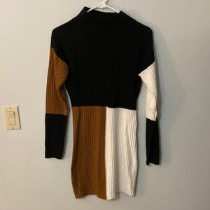 Long Sleeve Colorblock Dress - Black, Brown, White